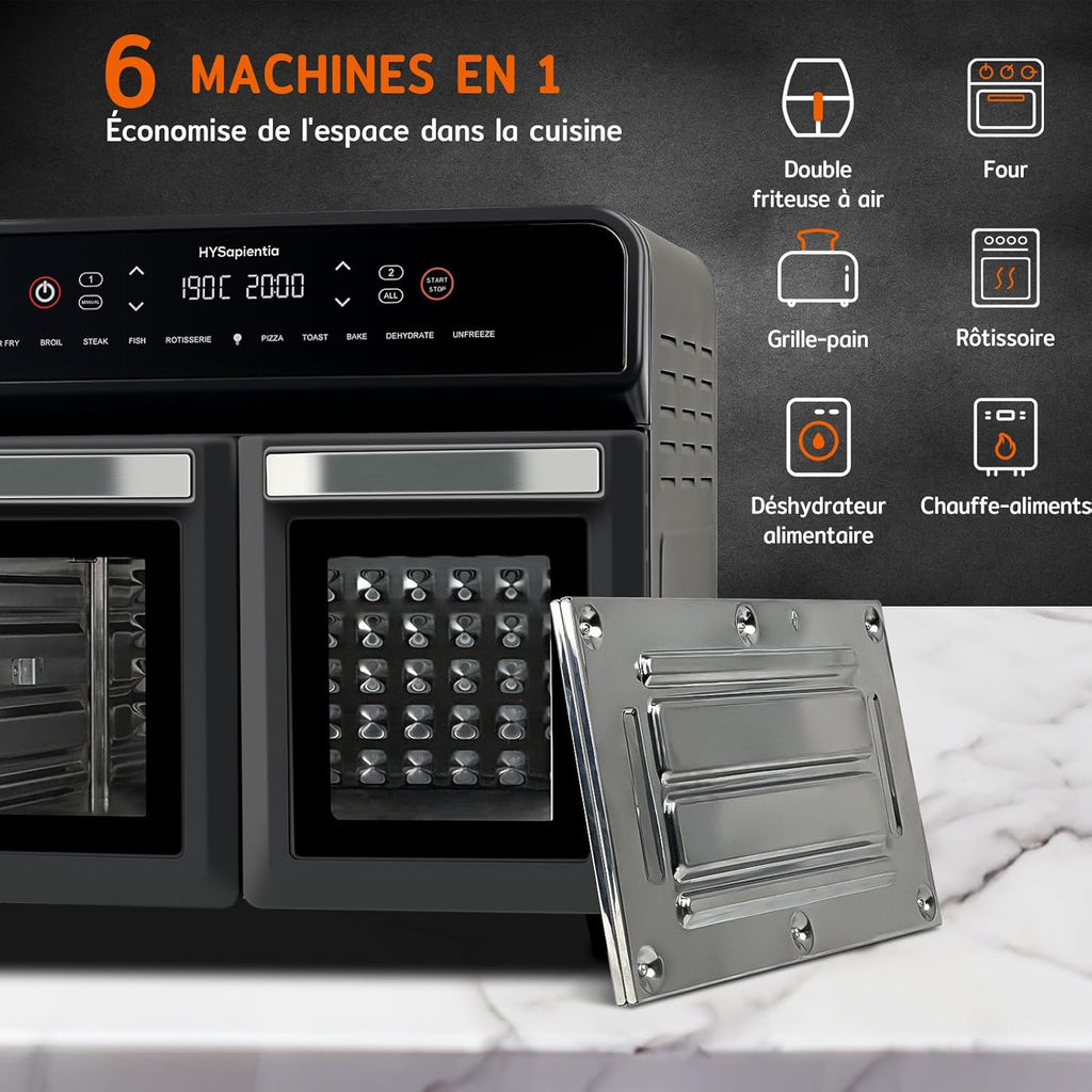 HYSapientia 22L friteuse à air chaud 2 chambres, mini-four à convection,écran tactile LED, 10 programmes friteuse sans huile Dual Zone Air Fryer Oven, aciers inoxydables, Airfryer xxl