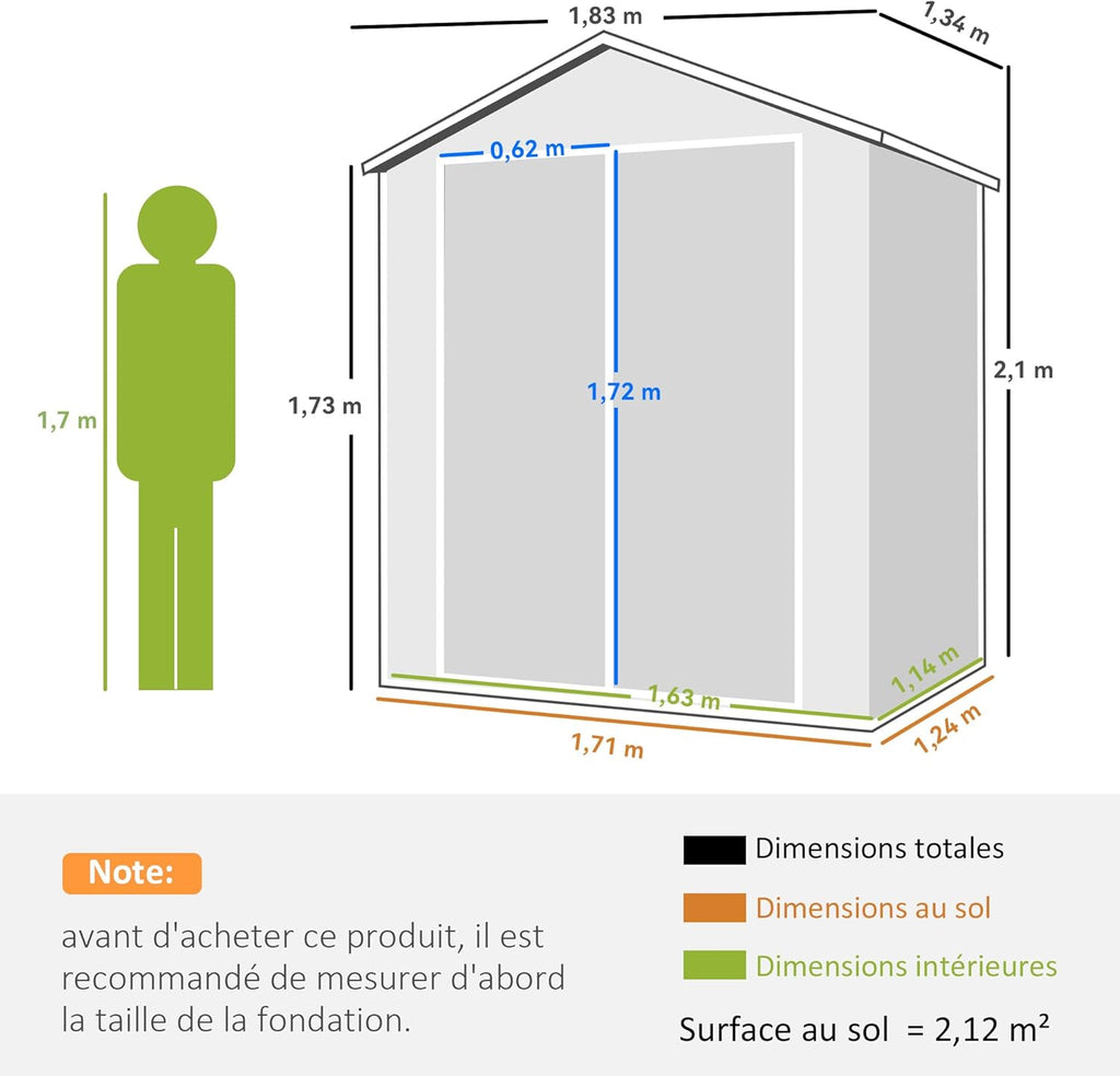 Outsunny Abri de Jardin cabanon en résine polypropylène 2,12 m² - 2 Portes 1 fenêtre et 1 Grille d'aération, Toit en Pente, Gris