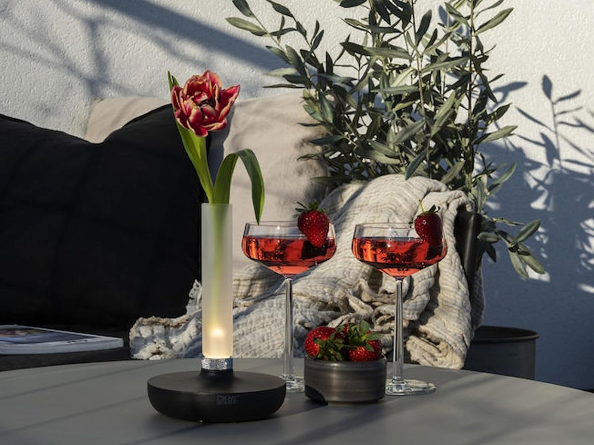 Lot de 2 lampes d'extérieur et vase à fleurs avec batterie Noir Hauteur 20 cm