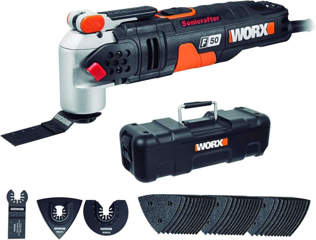 WORX Outil Multifonctions Sonicrafter F50 450W WX681, Pour Couper, Polir, Poncer, Gratter, Enlever, Multimatériaux, Accessoires universels, Livré Avec Coffret de Rangement et 39 Acessoires