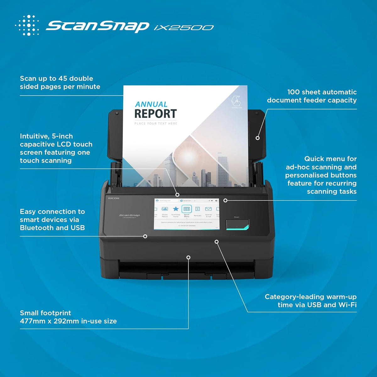 Ricoh ScanSnap iX2500 Scanner ADF 600 x 600 DPI A4 Noir (Ricoh ScanSnap iX2500 - Scanner de documents - Double CIS - Recto verso - 279 x 432 mm - 600 dpi x 600 dpi - jusqu'à 45 ppm [mono] / jusqu'à 45