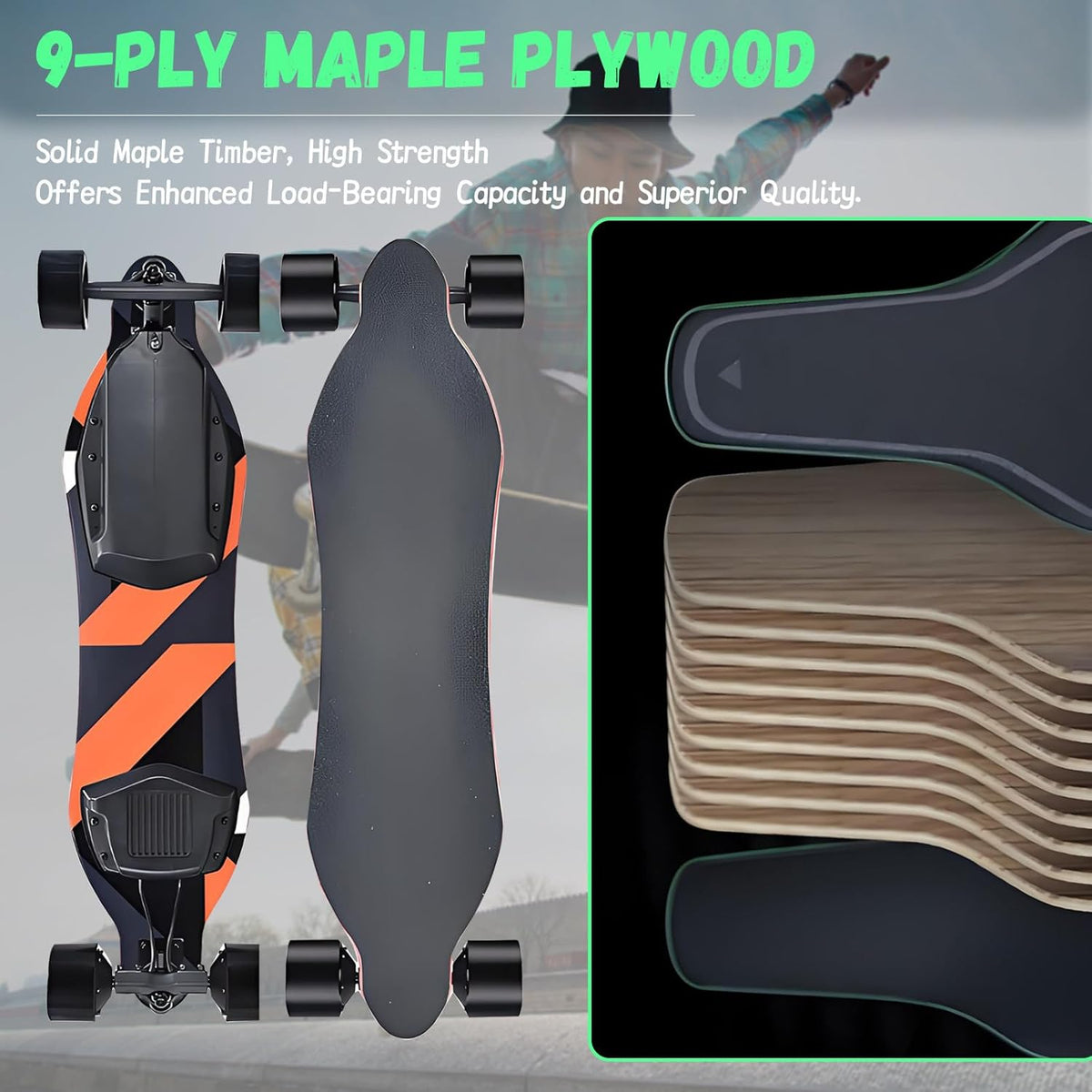 PxkVrin Skateboard électrique Tout Terrain avec télécommande, capacité de Charge de 150 kg, pour Une Utilisation sur Campus et en Ville. Orange