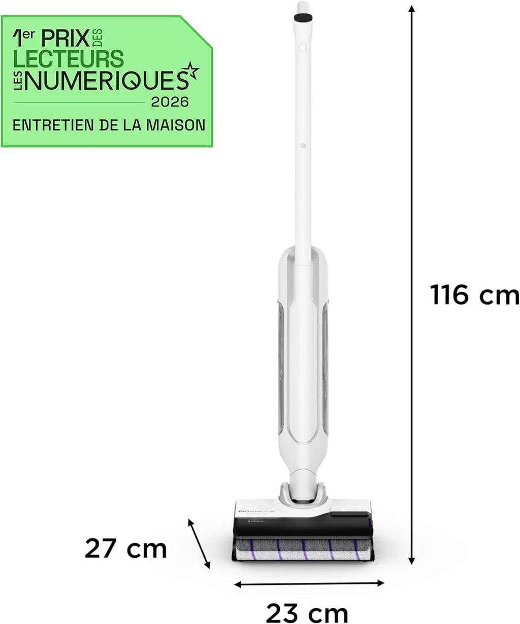 Rowenta X-Clean 10, Aspirateur Laveur sans fil, Design Plat 180°, Auto-Nettoyage et séchage 65°C, Autonomie 60min, Parfait pour Tâches Tenaces et Poils d’Animaux GZ7540WO, Blanc