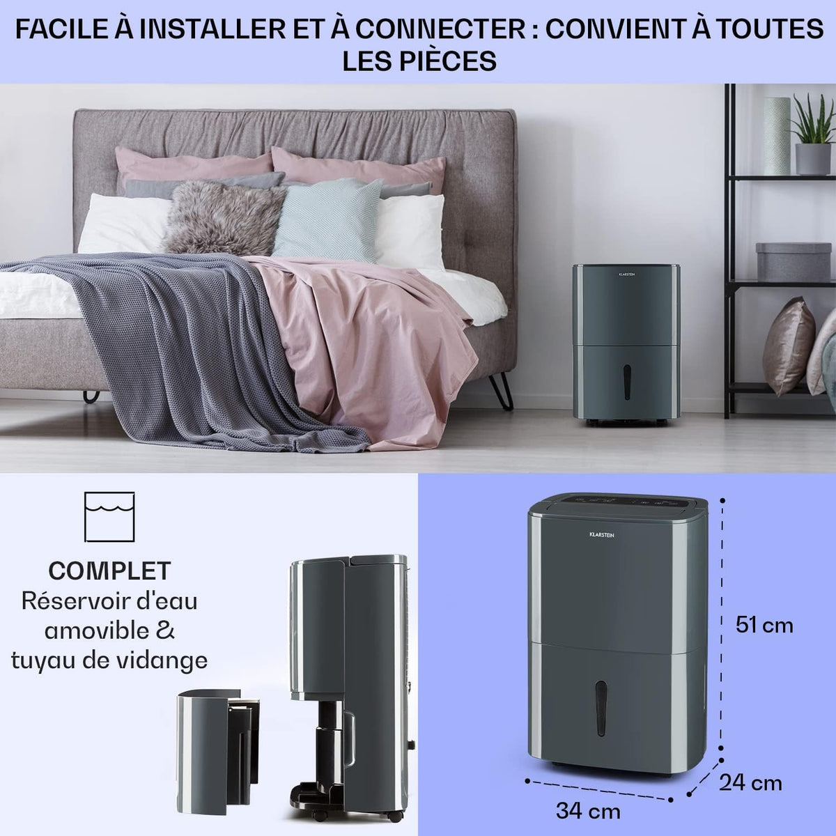 Klarstein Deshumidificateur d Air et Purificateur d'Air, Déshumidificateurs, Anti Humidité, Absorbeur d'Humidité et Séchage Vêtements, Desumidicateur d Air Electrique, Déshumidificateur Salle de Bain