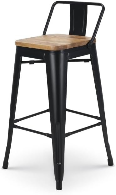 Kosmi Lot de 4 tabourets de Bar en métal Noir Mat Style Industriel avec Dossier et Assise en Bois Clair - Hauteur 66cm
