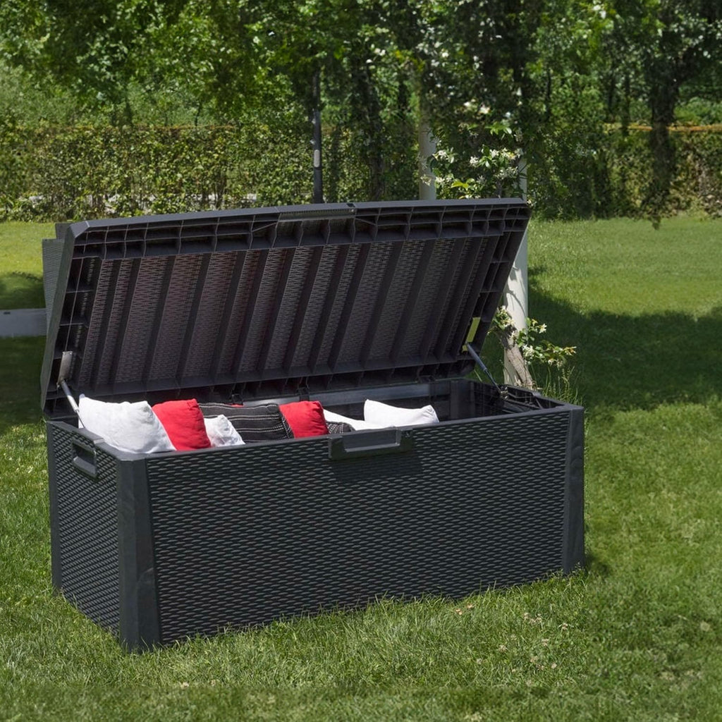 Avilia Coffre de rangement avec assise et coussin amovible d'extérieur – Coffre avec roues, résistant aux intempéries en polypropylène, 340L, 123 x 54 x 59 cm, anthracite