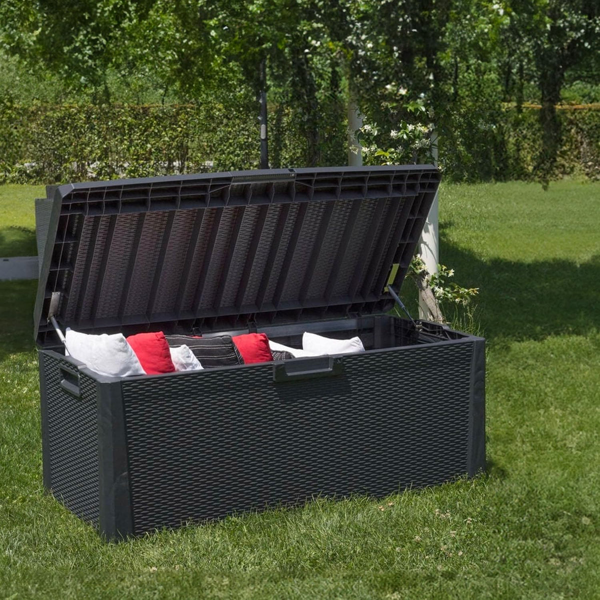 Avilia Coffre de rangement avec assise et coussin amovible d'extérieur – Coffre avec roues, résistant aux intempéries en polypropylène, 340L, 123 x 54 x 59 cm, anthracite