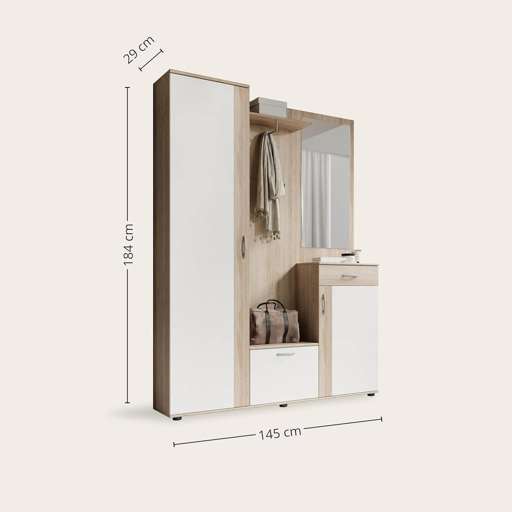 Stella Trading PATENT Ensemble de vestiaires d'entrée en aspect chêne Sonoma, blanc - Vestiaire compact stylé avec miroir pour votre entrée - 145 x 184 x 29 cm (L/H/P), marron