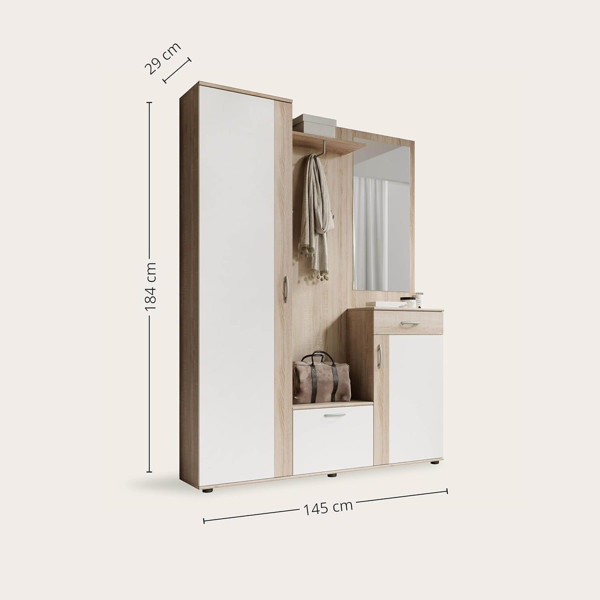 Stella Trading PATENT Ensemble de vestiaires d'entrée en aspect chêne Sonoma, blanc - Vestiaire compact stylé avec miroir pour votre entrée - 145 x 184 x 29 cm (L/H/P), marron