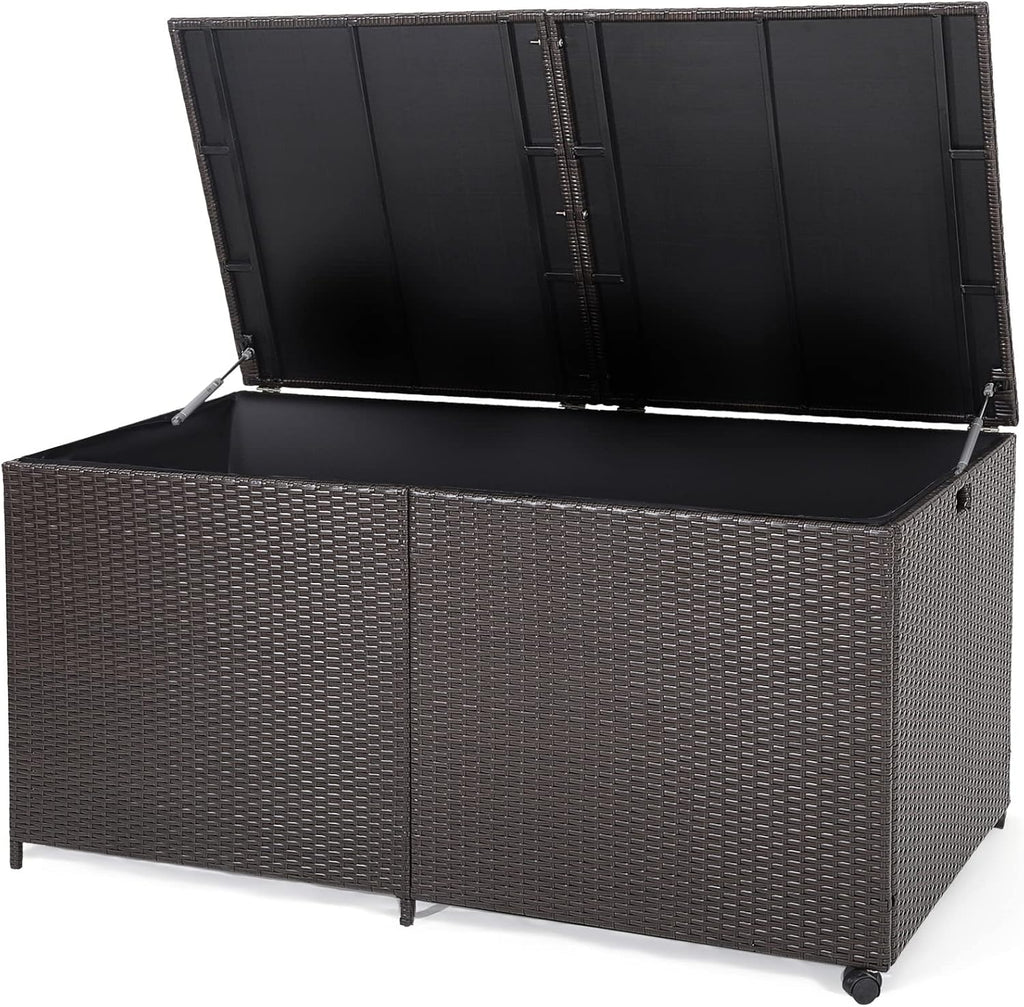 GIANTEX Coffre de Rangement en Rotin 662 L, Boîte de Rangement Résine avec 2 Roulettes et 2 Vérin à Gaz, Résistant aux Intempéries, 150 x 77 x 73 cm