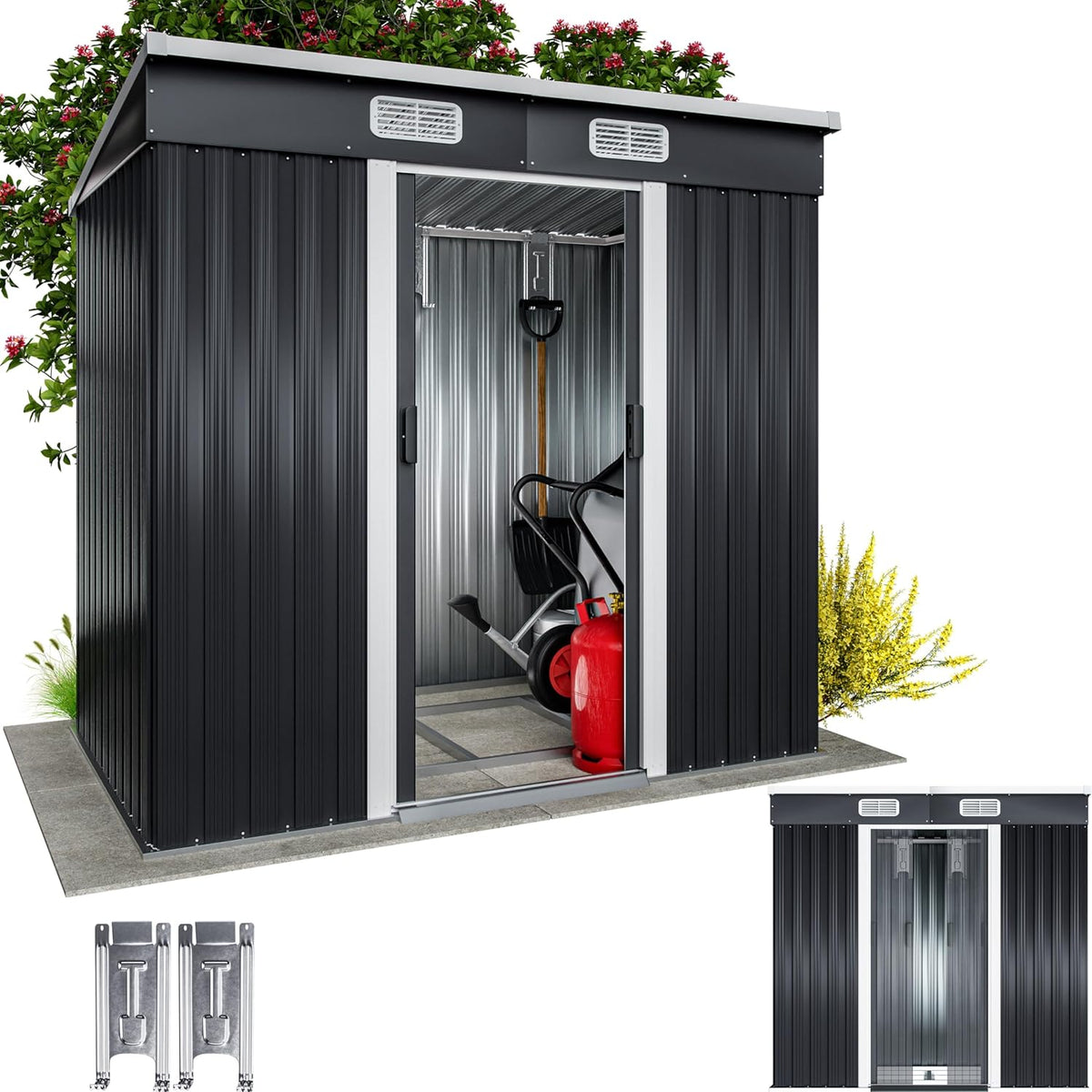 GARDEBRUK Abri de Jardin métal L 2m² Fondation 200x125x185cm Porte coulissante Anthracite cabane de Jardin cabanon Rangement Outils 3,4m³