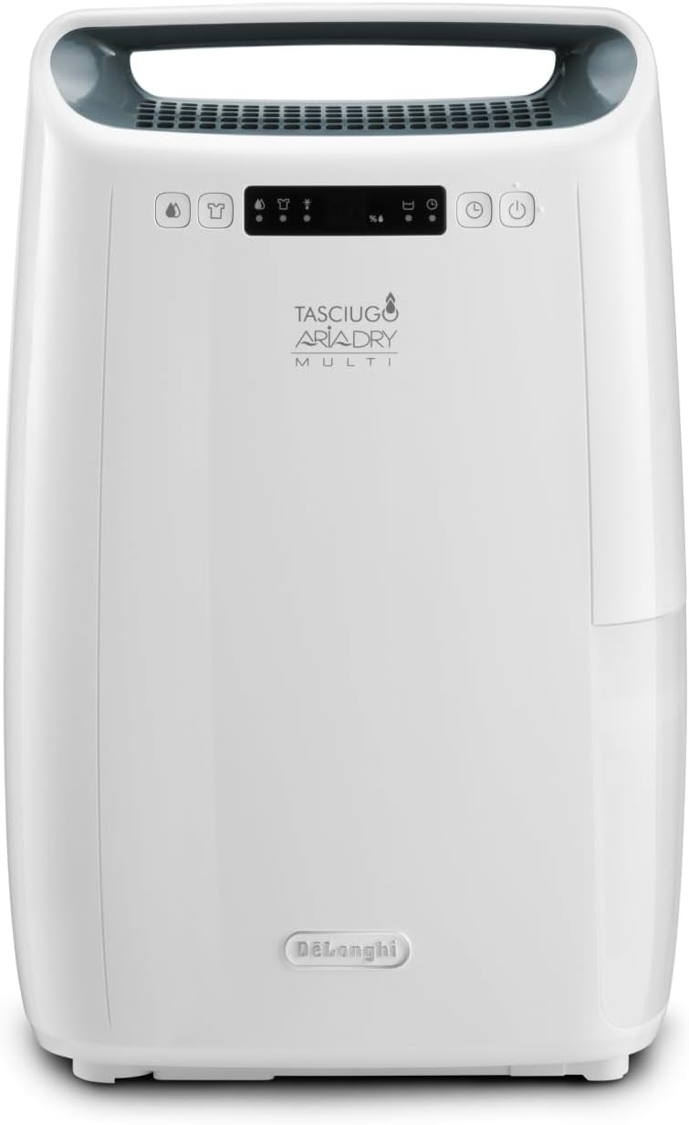 De’Longhi Tasciugo AriaDry Multi - Déshumidificateur Portable pour la Maison, Filtration à 3 Actions, Élimination de l'Humidité 16L/24h, Séchage, Anti-Moisissure, Silencieux, Blanc (DEXD216RF)