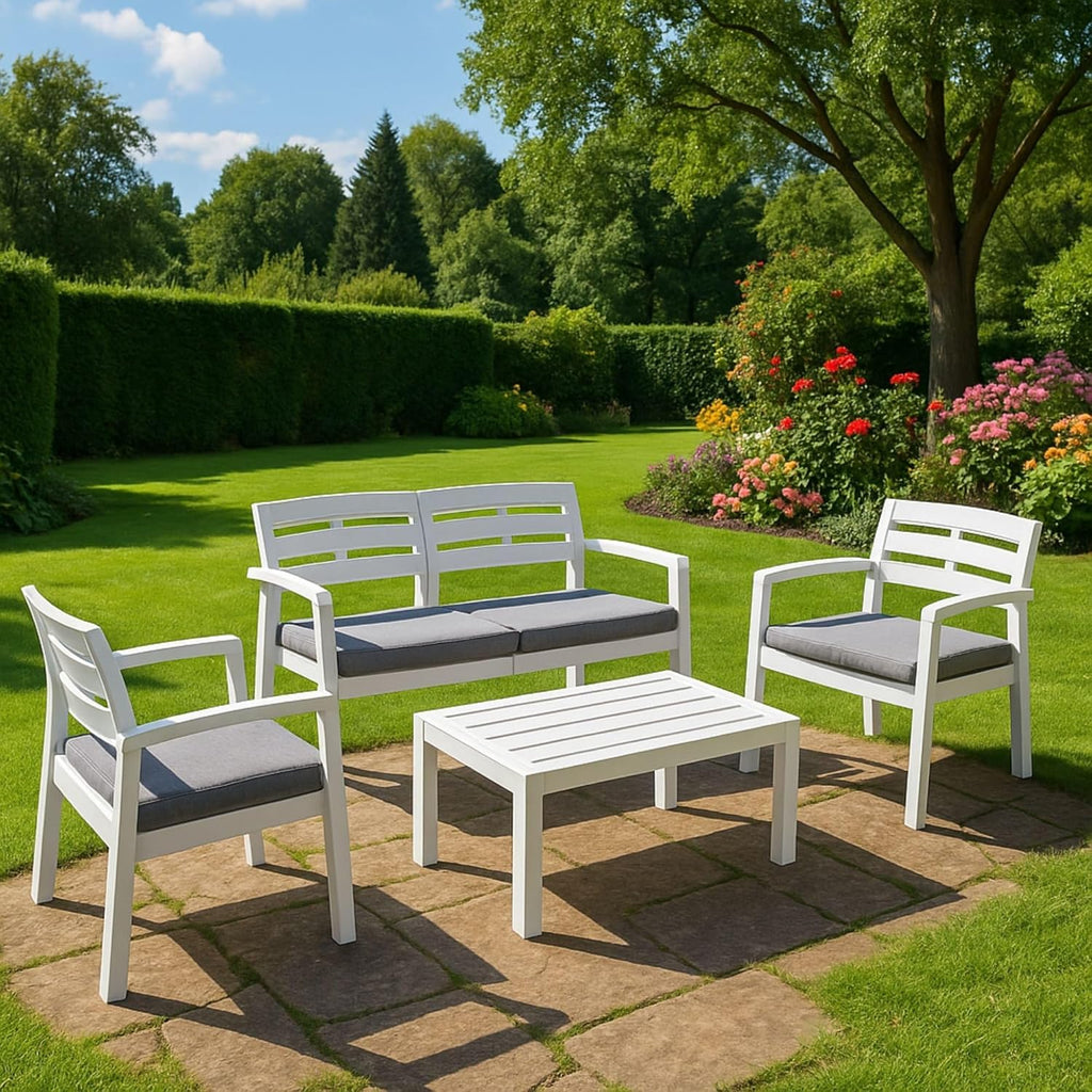 Dmora - Ensemble de Salon d'extérieur Massa, Composition de Jardin avec 2 fauteuils, 1 canapé et 1 Table Basse, Salon intérieur et extérieur avec Coussins, 100% Made in Italy, Blanc