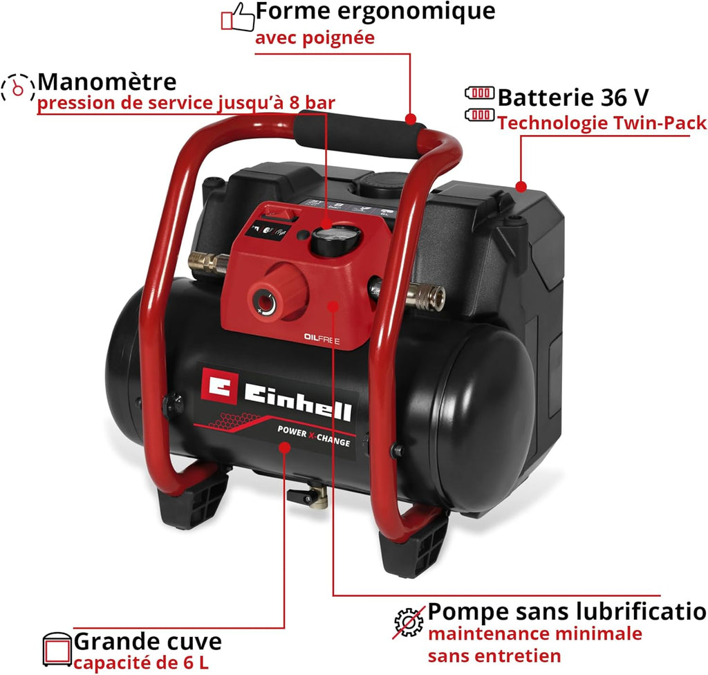 Einhell Compresseur sans fil TE-AC 36/150 Li OF-Solo Power X-Change (36 V, 8 bar max, cuve de 6 L, capacité de pompage de 150 L/minute) Livré sans batterie ni chargeur