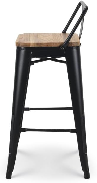 Kosmi Lot de 4 tabourets de Bar en métal Noir Mat Style Industriel avec Dossier et Assise en Bois Clair - Hauteur 66cm