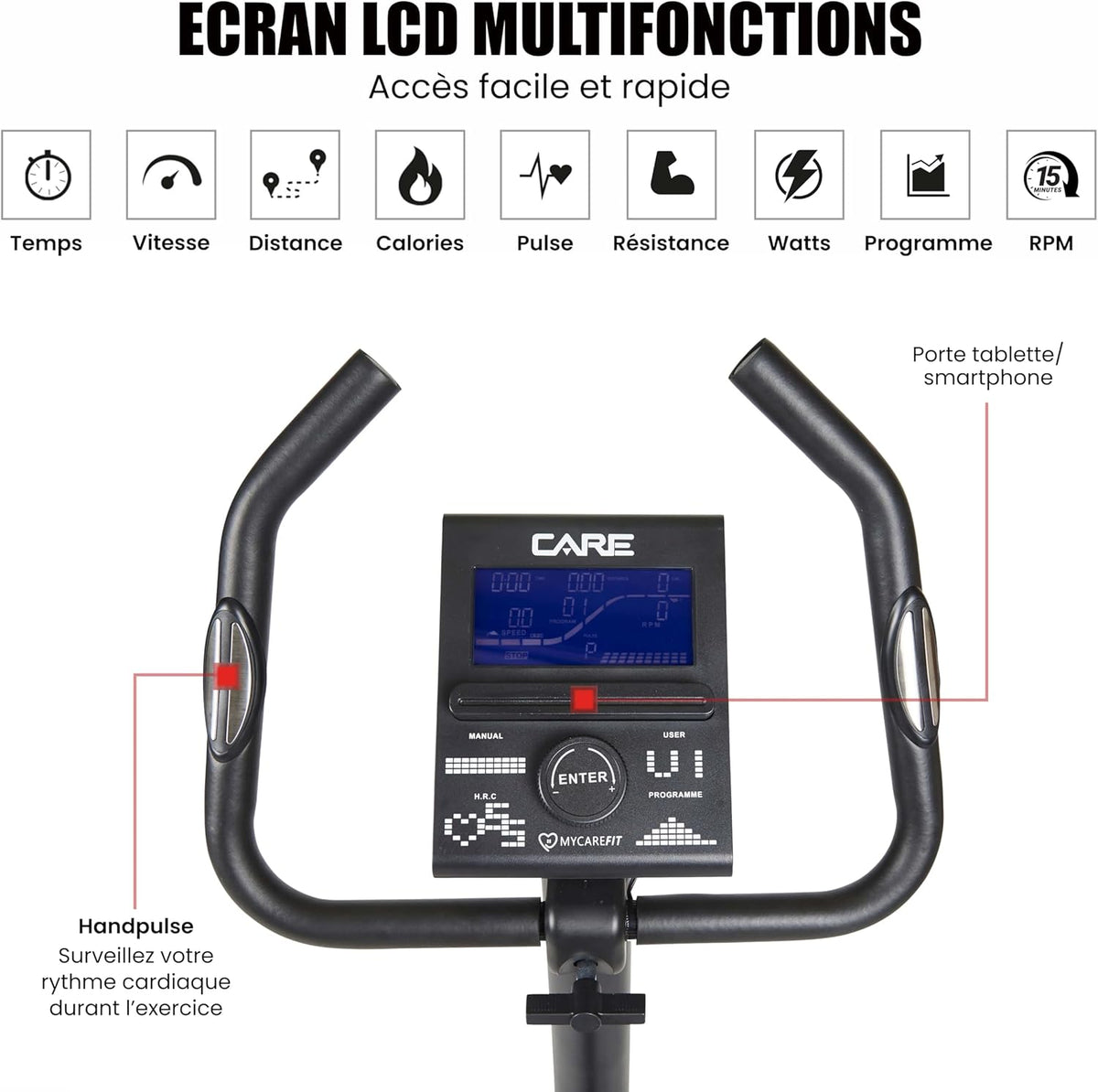 CARE FITNESS - Vélo d’Appartement CV-385-24 Niveaux de Difficulté - 24 Programmes - Compteur LCD Rétro-éclairé - Cardiofréquencemètres - Compatible avec l'application Kinomap - Port USB Noir