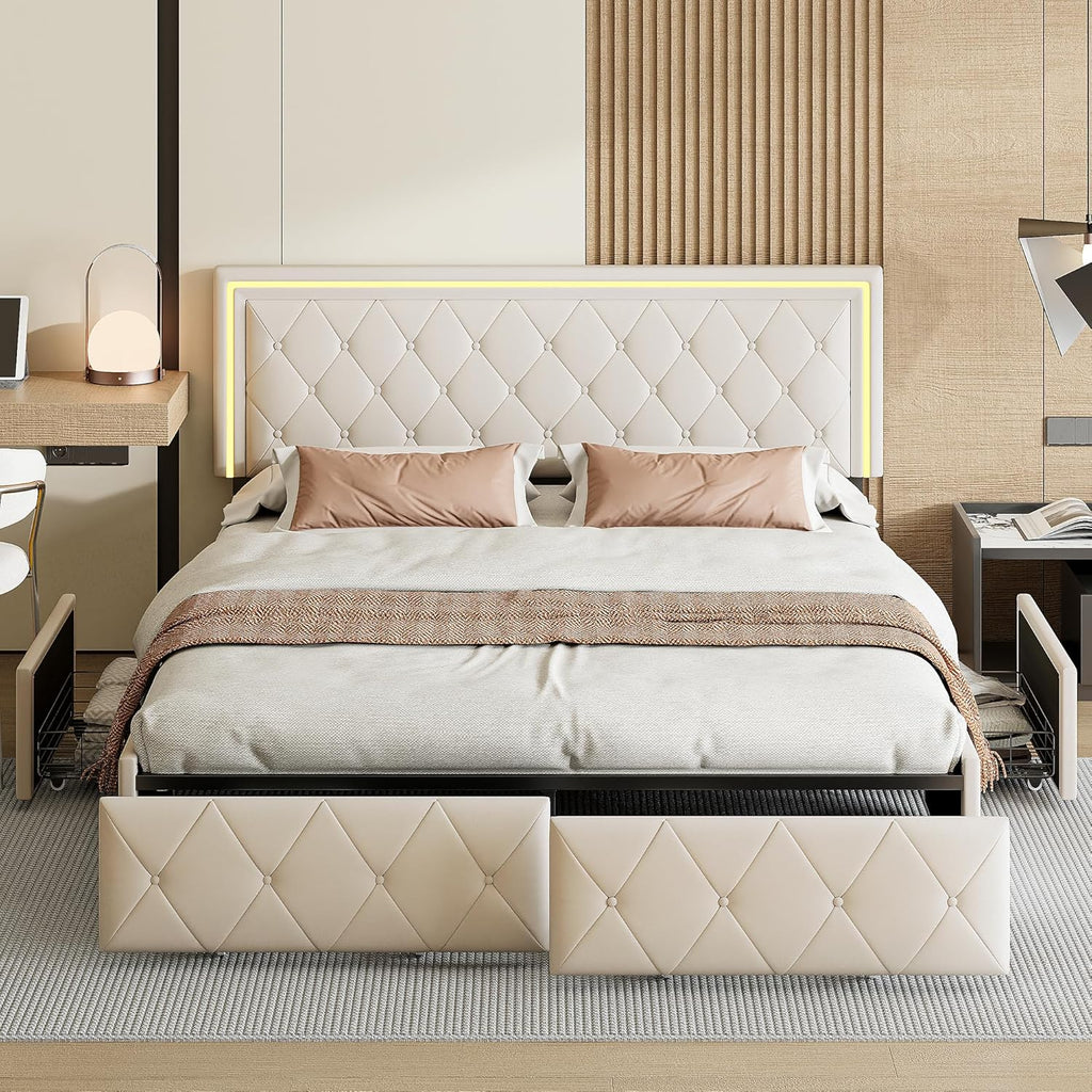 LONELYO Cadre de lit 160x200 avec sommier et Rangement - Lit Coffre capitonné PU avec LED et tiroirs, Design Moderne pour Chambre Adulte 160x200