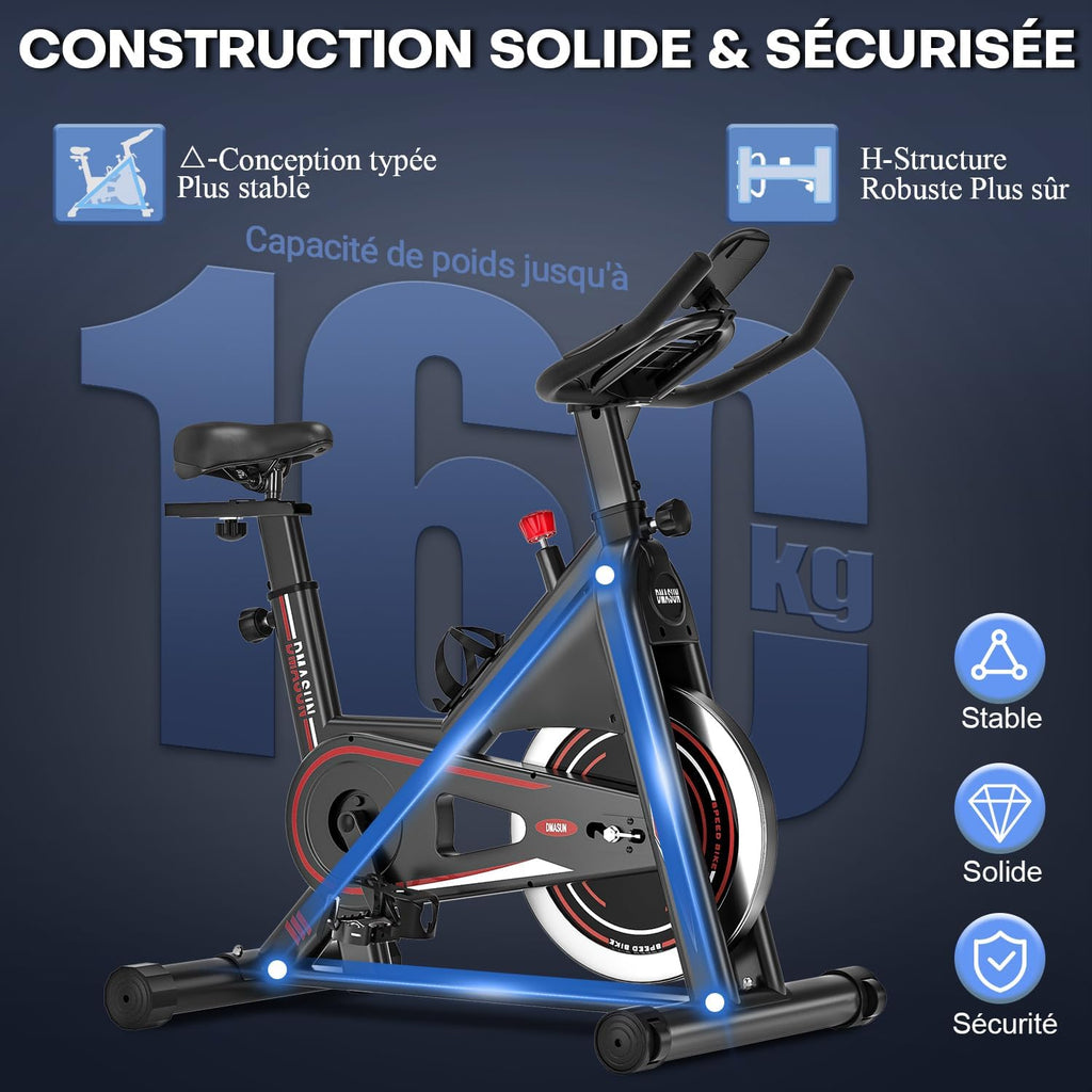 Vélo d'Appartement, DMASUN Vélo d'Exercice Magnétique Silencieux avec Écran LCD, Résistance Réglable de 0 à 100 pour cent, Volant d'inertie Solide, Siège Moelleux et Confortable, Capacité de Charge 160 kg