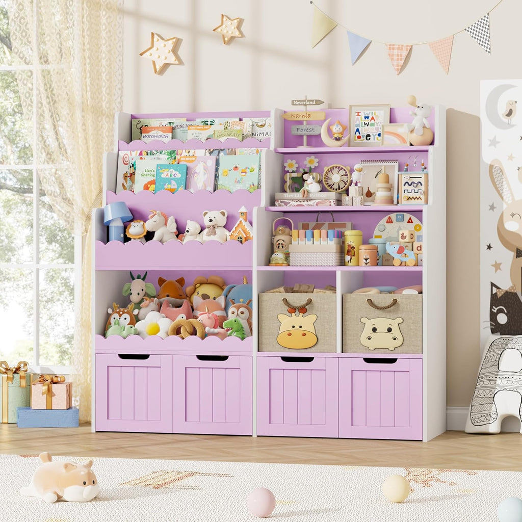 FOREHILL Meuble Rangement Enfant Bibliothèque Enfant avec 4 Boîtes Amovibles 9 Étagères Rangement Jouet pour Chambre d’Enfants Salle de Jeu 125x40x120 cm Couleur Lavande
