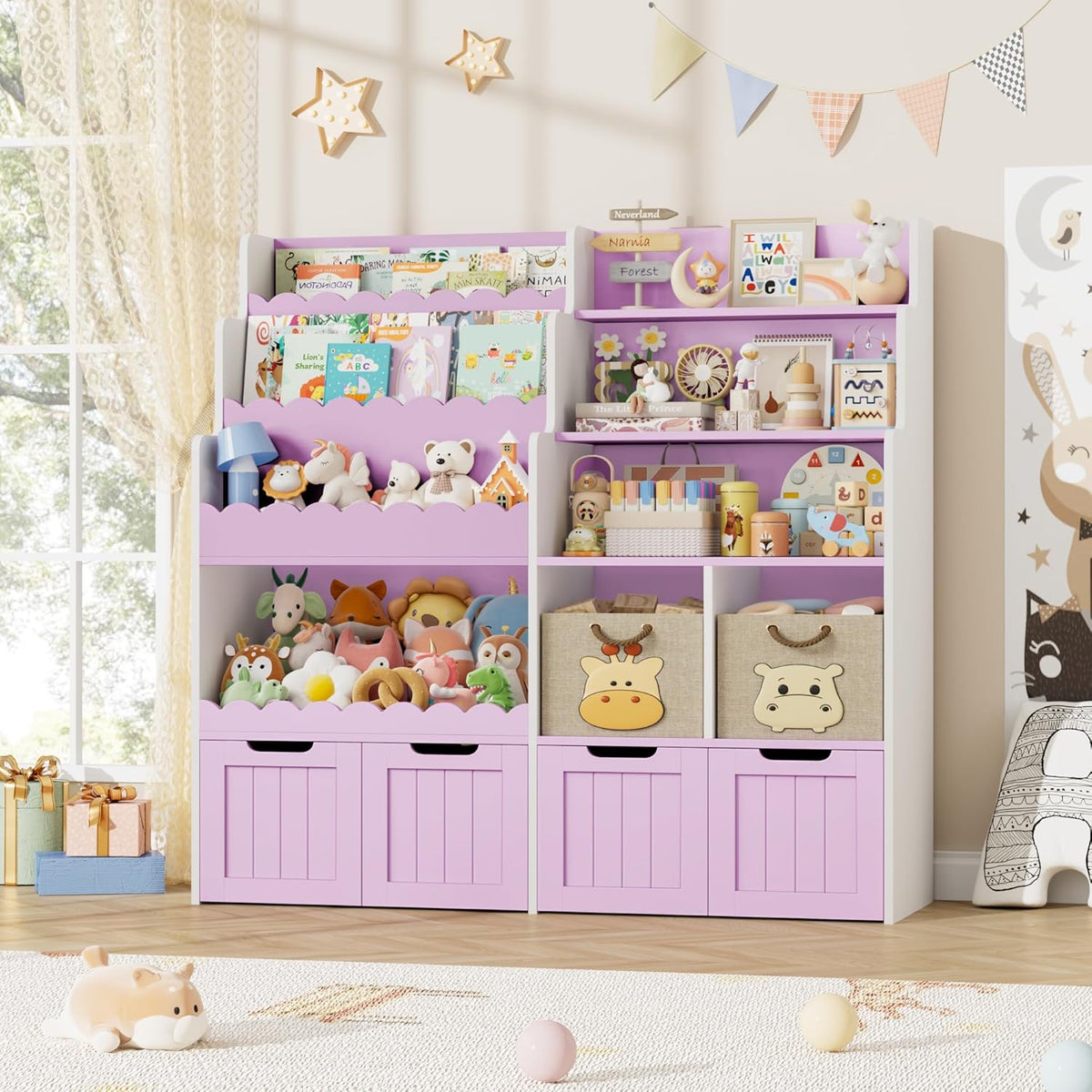 FOREHILL Meuble Rangement Enfant Bibliothèque Enfant avec 4 Boîtes Amovibles 9 Étagères Rangement Jouet pour Chambre d’Enfants Salle de Jeu 125x40x120 cm Couleur Lavande