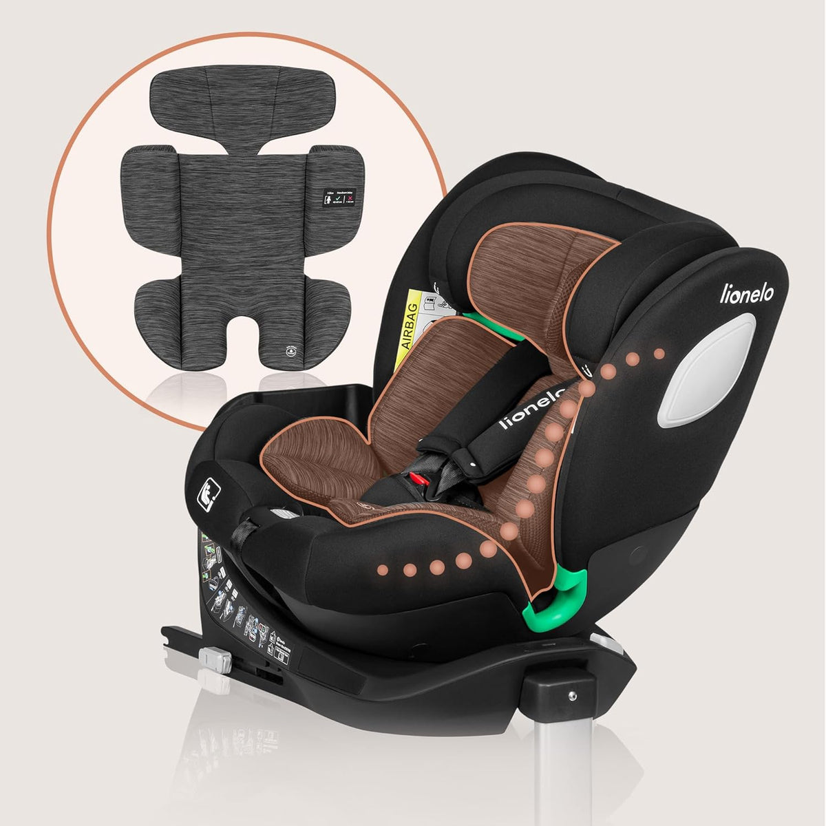 LIONELO Braam siege auto de 0 à 36 kg, jambe de force et Isofix ou ceintures de sécurité de voiture, rotation à 360 degrés face à la route ou dos à la route (Carbone Noir, BRAAM)