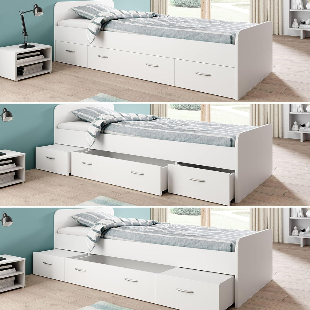 Stella Trading BORO Lit simple moderne avec 3x tiroirs 90 x 200 cm - Lit superposé pratique pour chambre de jeunes en blanc - 95 x 66 x 204 cm