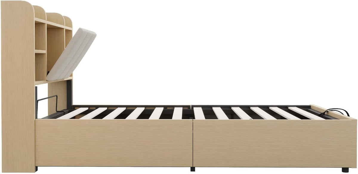 EURHCIO Lit Une Place 90x200 avec Ports USB/C,Tête de lit à Rangement,Lit Coffre avec Sommier à Lattes Solide,pour Ado Adulte Naturel, 90x200
