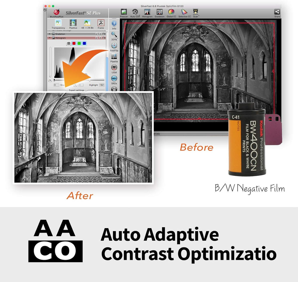 Plustek OpticFilm 8200i AI - Scanner de Films et Diapositives 35mm. SilverFast AI Studio 8 + IT8, 7200 dpi, Support Mac&PC
