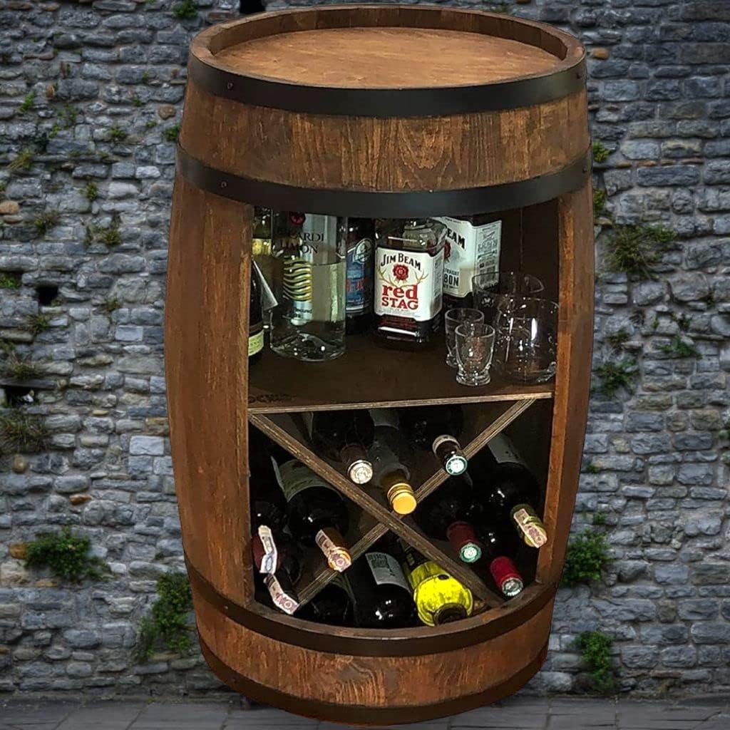 weeco Bar en tonneau en Bois avec casier à vin en X - Meuble Bar Rustique pour Bouteilles - Fût-Bar décoratif - Armoire à liqueurs - 80x50x44cm Marron foncé
