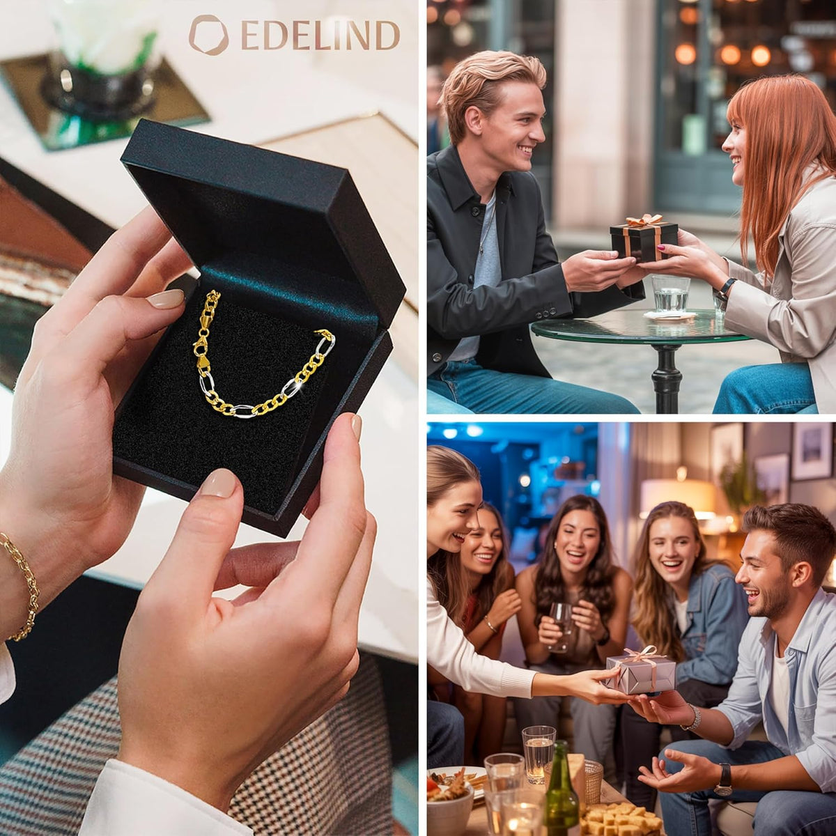 EDELIND Bracelet Chaîne Figaro 5,7 mm en Or Blanc et Jaune Bicolore 585 333 750 - Bijoux pour Homme avec Fermoir Mousqueton