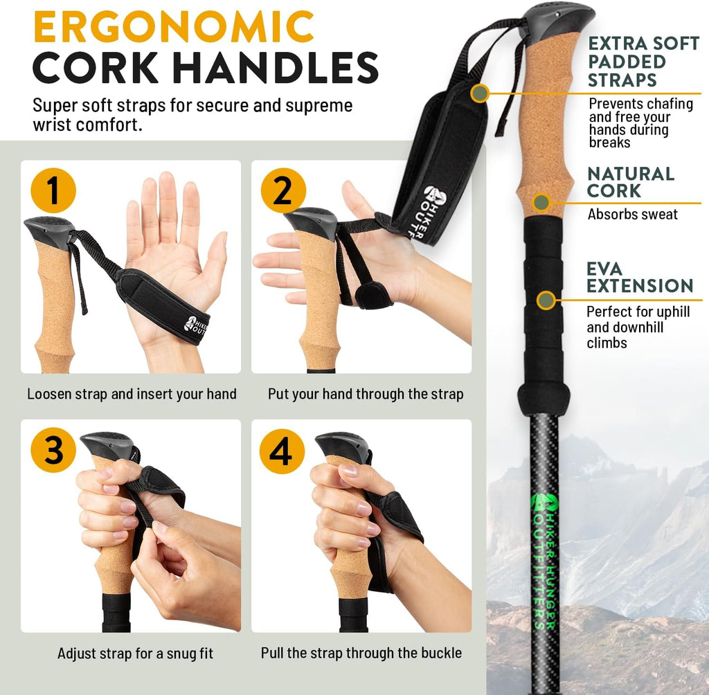 Pôles de Trekking 100% Fibre de Carbone de la Marque USA – Poles de randonnée Ultra Solides, légers, Pliables avec poignées en liège ou Mousse EVA et Fermetures à Rabat réglables Rapides