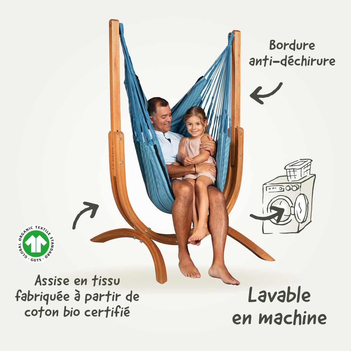 LA SIESTA - Chaise Suspendue Udine en Coton Biologique avec Support en Bois - Fait Main, indéchirable - Fauteuil Suspendu Interieur avec Support en Eucalyptus certifié FSC - Blue Zebra