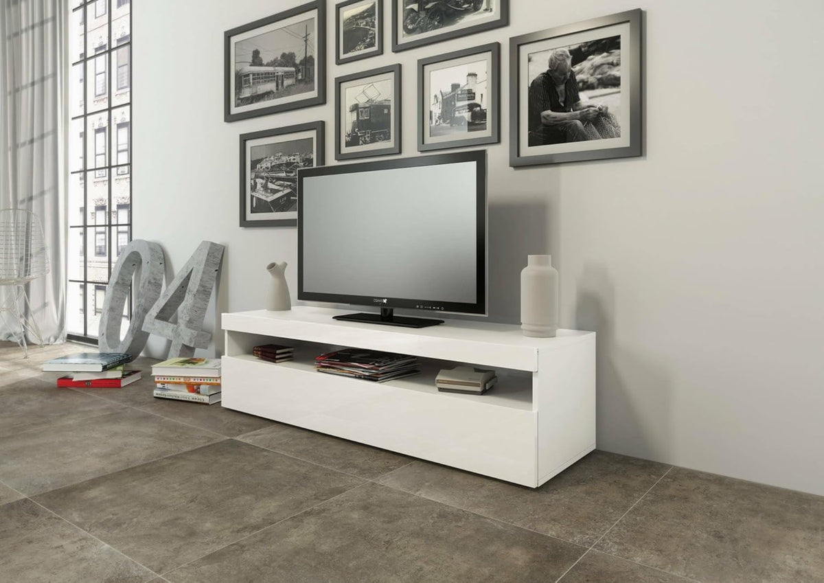Dmora - Meuble TV Daniele, Buffet bas de salon, Base pour meuble TV, 100% Made in Italy, 130x45h36 cm, Blanc brillant