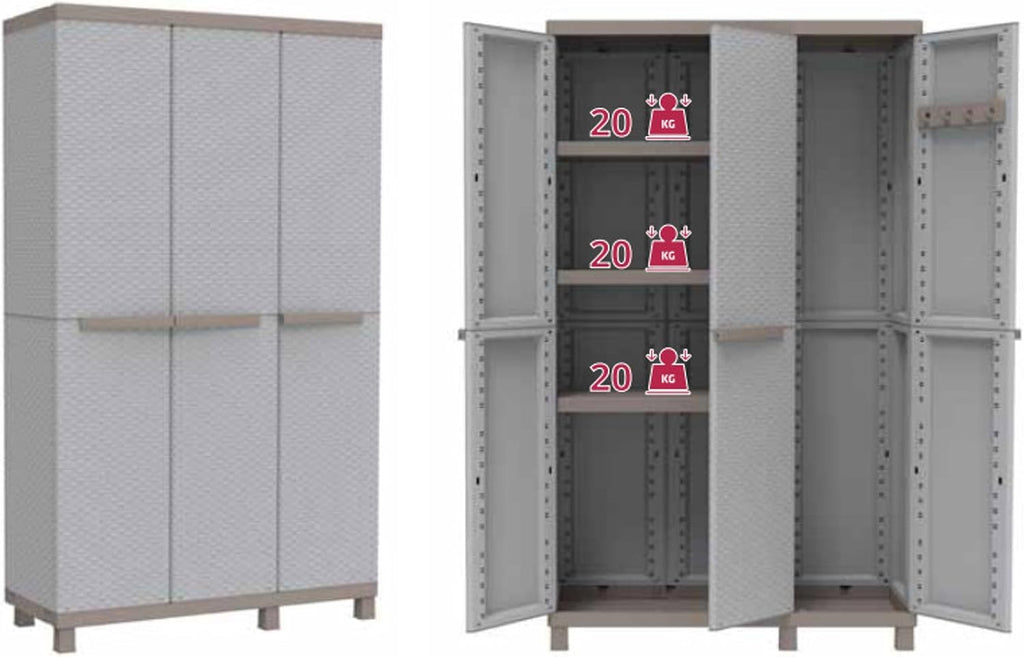 Terry - C-Rattan 102a, Armoire d'Intérieur et d'Extérieur Multifonction, 3 Portes à Effet Rotin, 2 Compartiments Intérieurs Séparés