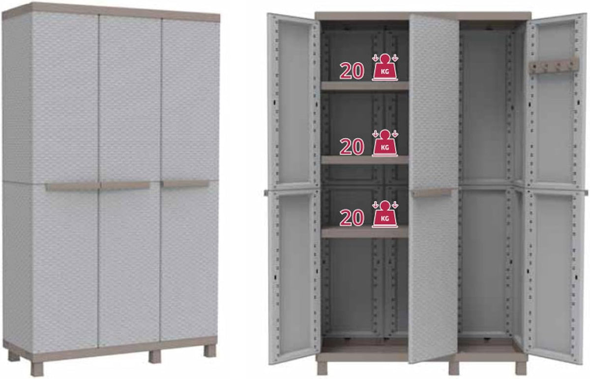 Terry - C-Rattan 102a, Armoire d'Intérieur et d'Extérieur Multifonction, 3 Portes à Effet Rotin, 2 Compartiments Intérieurs Séparés