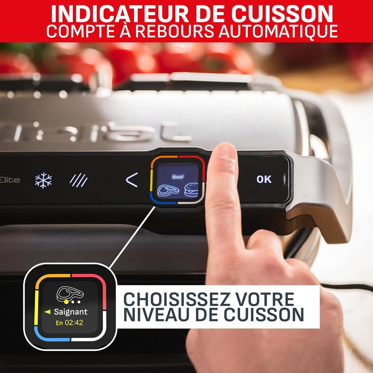 Tefal Optigrill Elite XL, Grill intelligent, 16 programmes, Mode manuel, Fonction marquage, XL 8 personnes, GC760D12