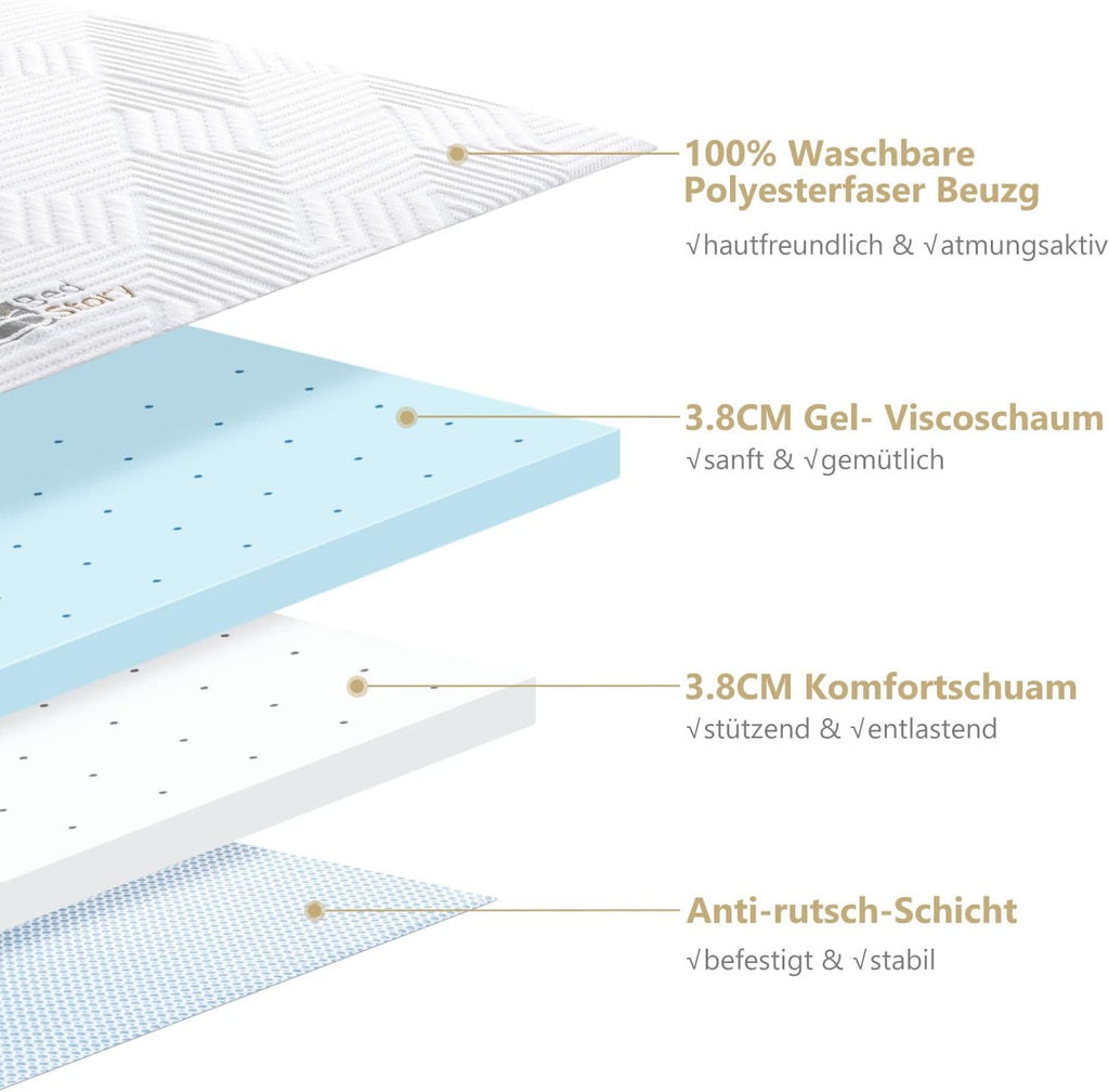 BedStory Surmatelas en gel à mémoire de forme - 200 x 200 cm - Hauteur 7,5 cm - Dureté H2 et H3 - Pour lit à sommier tapissier, caravane, canapé-lit - Avec housse amovible et lavable