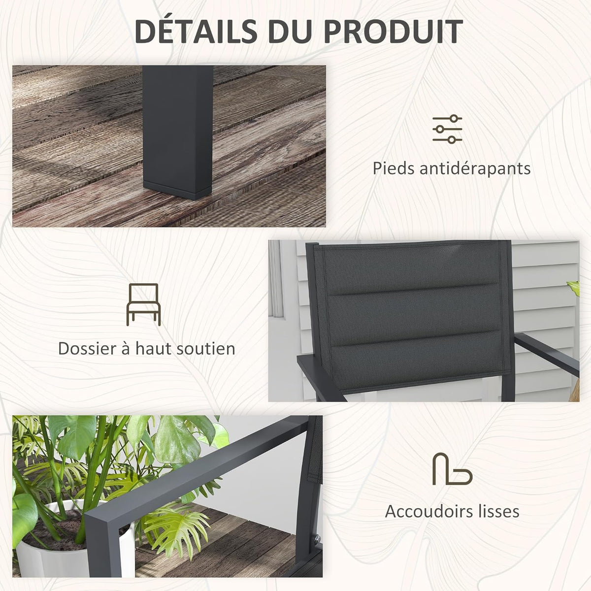 Outsunny Ensemble de 4 chaises de Jardin empilables en Aluminium et textilène avec accoudoirs, Lot de 4 pièces pour extérieur, Gris