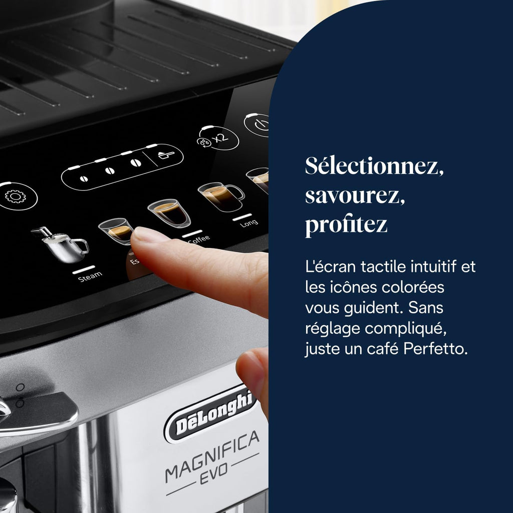 De'Longhi Magnifica Evo, Machine à Café et Cappucino avec Broyeur à Grains, ECAM292.33.SB, Argent