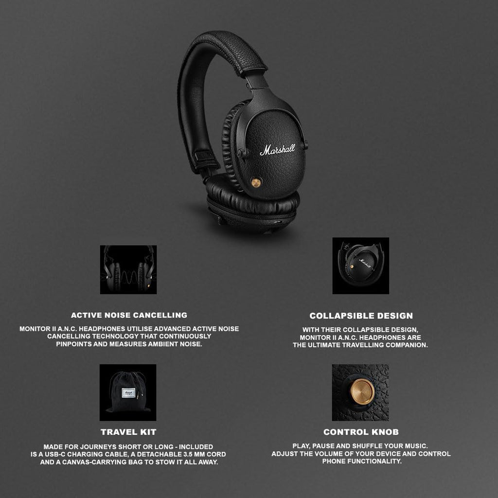 Marshall Monitor II Casque Bluetooth sans Fil avec réduction de Bruit Hybride Active, Casque Over-Ear, 30 Heures – Noir