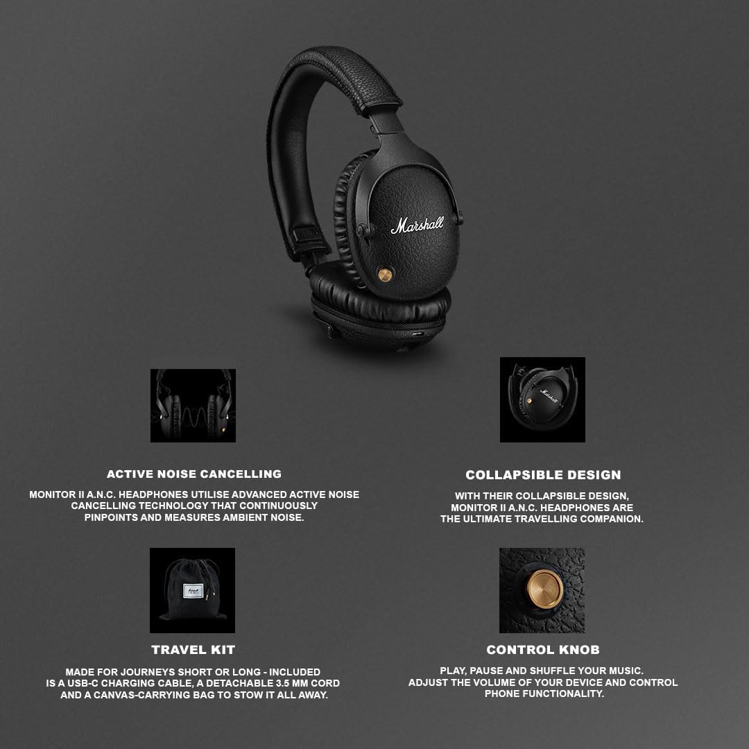 Marshall Monitor II Casque Bluetooth sans Fil avec réduction de Bruit Hybride Active, Casque Over-Ear, 30 Heures – Noir
