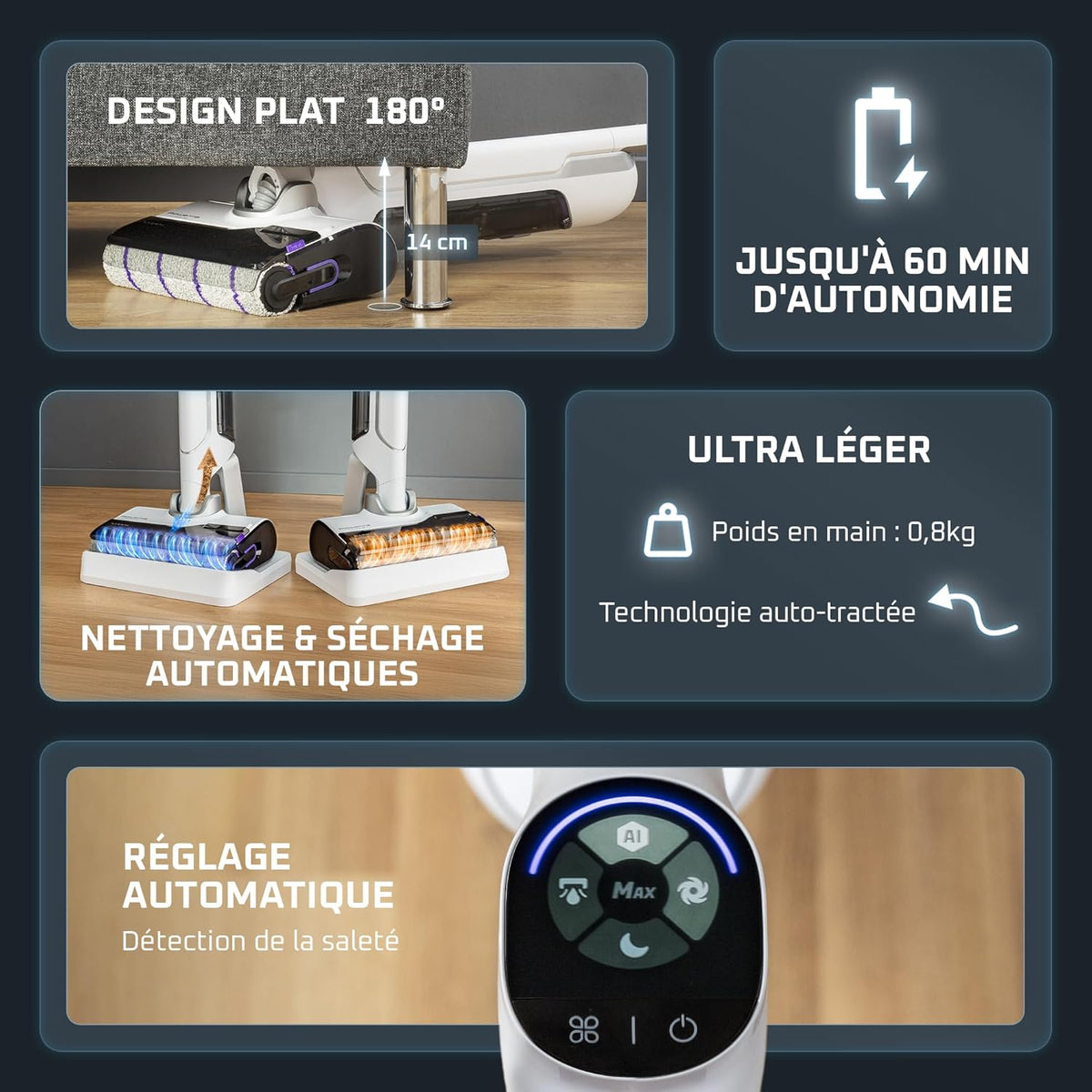 Rowenta X-Clean 10, Aspirateur Laveur sans fil, Design Plat 180°, Auto-Nettoyage et séchage 65°C, Autonomie 60min, Parfait pour Tâches Tenaces et Poils d’Animaux GZ7540WO, Blanc