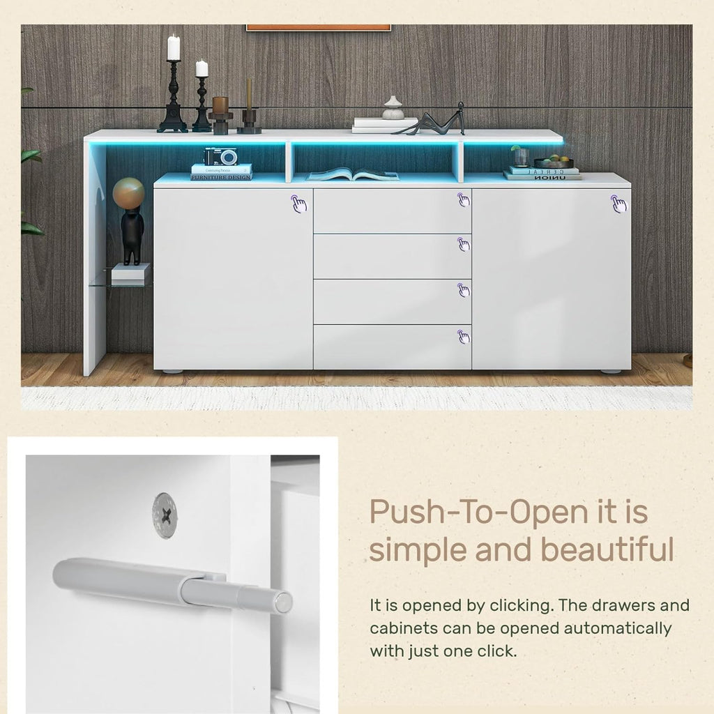 Entapuk Buffet LED, Meuble Polyvalent 2 Portes 4 Tiroirs, Vitrine Salle à Manger, Blanc Brillant