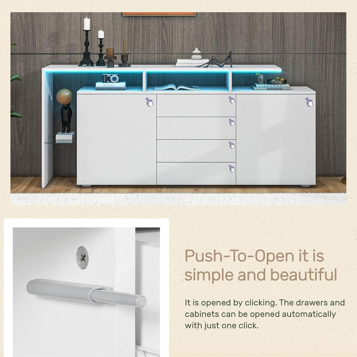 Entapuk Buffet LED, Meuble Polyvalent 2 Portes 4 Tiroirs, Vitrine Salle à Manger, Blanc Brillant