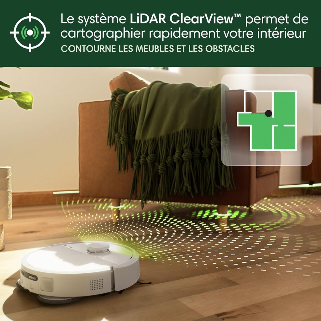 iRobot Roomba Plus 405 Combo Robot + AutoWash - Base Multifonction - Lavage et séchage des lingettes - LiDAR Clearview - 75 Jours d'autovidage - Double Lavage avec SmartScrub - Blanc