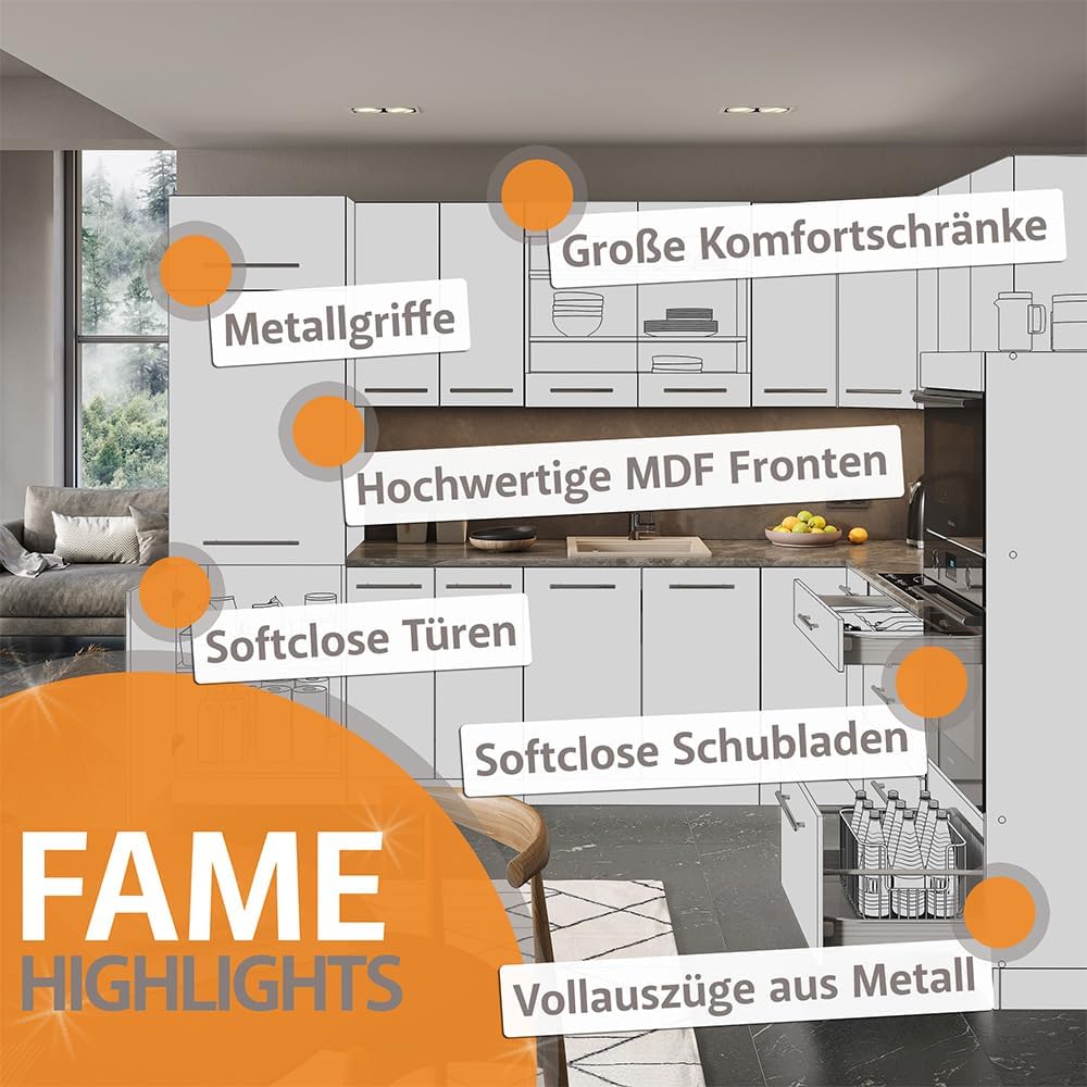 Vicco Cuisine Fame-Line, Bleu foncé Brillant/Blanc, 140 cm, PT Anthracite