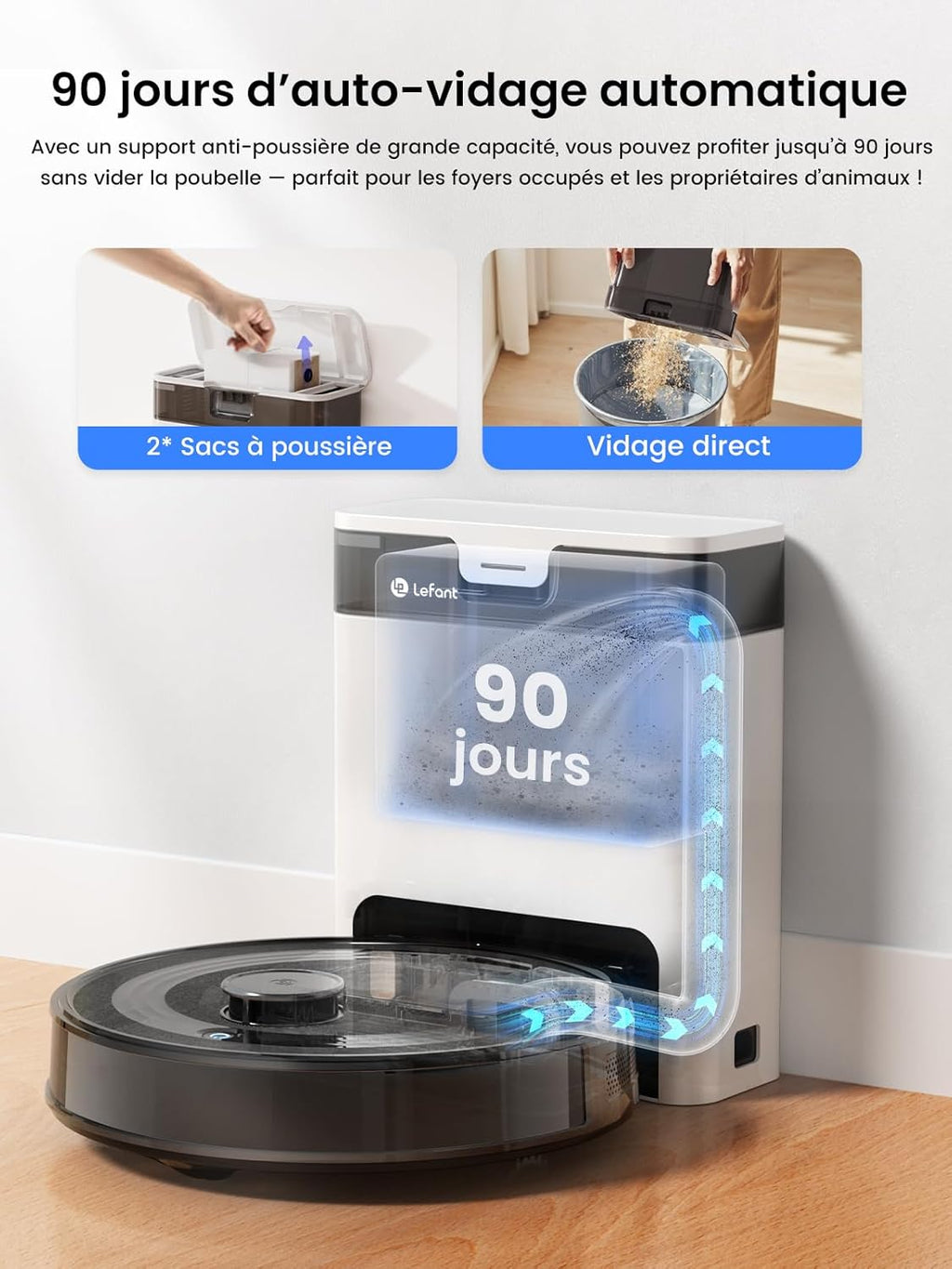 Lefant M2 Pro Robot Aspirateur Laveur 6000Pa avec Station Vidage Automatique Poussière,Navigation Laser avec Cartographie,Nettoyage Personnalisé, Évitement d'obstacles PSD, Idéal pour Poils d'animaux