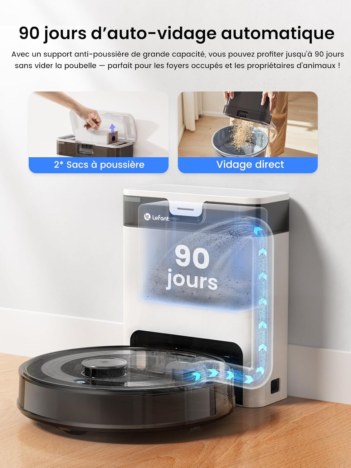 Lefant M2 Pro Robot Aspirateur Laveur 6000Pa avec Station Vidage Automatique Poussière,Navigation Laser avec Cartographie,Nettoyage Personnalisé, Évitement d'obstacles PSD, Idéal pour Poils d'animaux