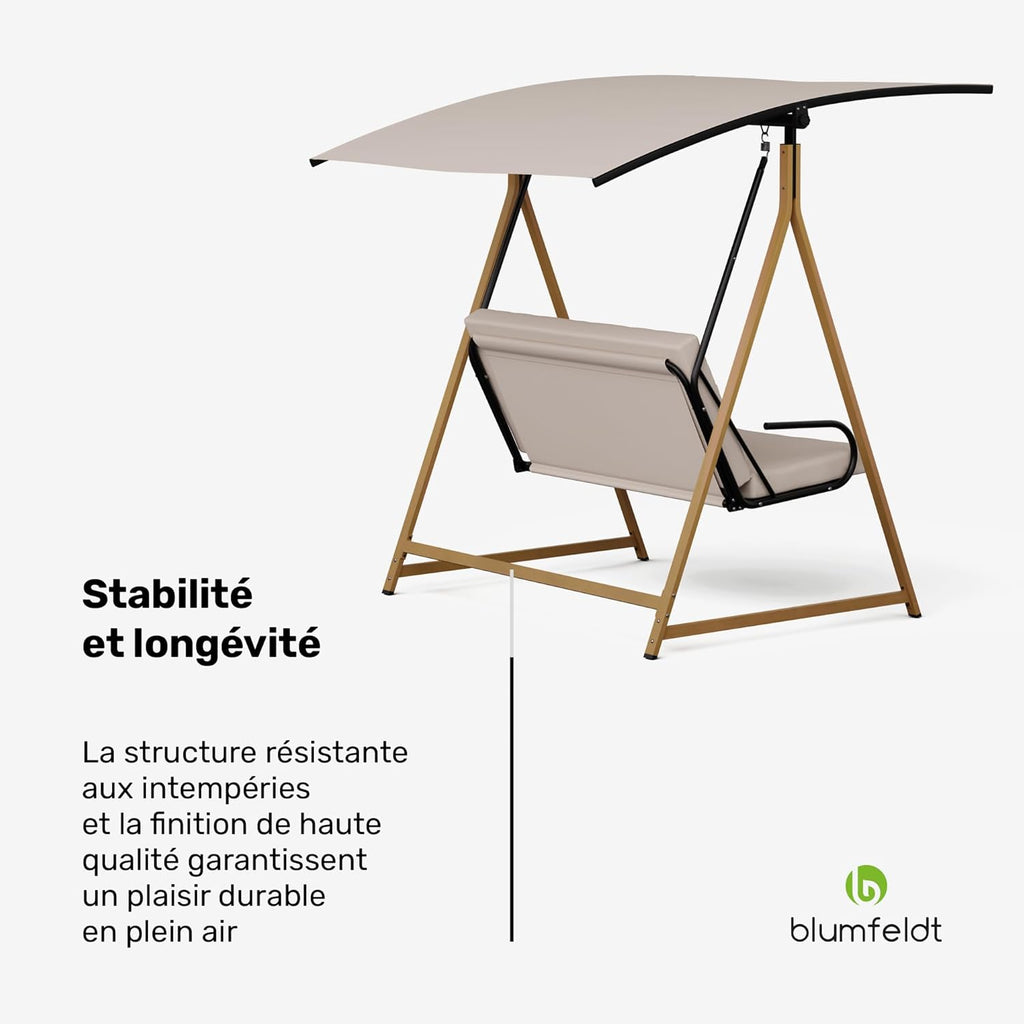 blumfeldt ZenGrove Balancelle Jardin - 2 Places Extérieur avec Toit Réglables, Cadre Acier 160kg, Coussin Épais, Résistant Intempéries