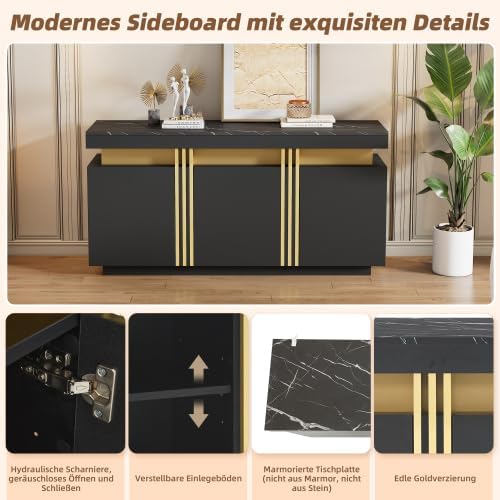 muenfly Buffet moderne avec 3 portes et plan de travail marbré, meuble TV de 140 cm avec tiroirs et compartiments réglables, polyvalent comme armoire de couloir ou commode pour le salon